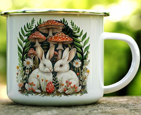 Woodland Bunnies Cottagecore Cozy Campfire Coffee Tea Hot Chocolate Mug, Spring Forest Mushroom Nature Camping Cup, Easter Gift (12oz) in Saudi Arabia
