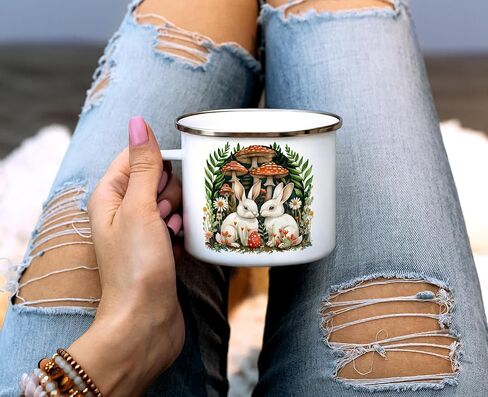 Woodland Bunnies Cottagecore Cozy Campfire Coffee Tea Hot Chocolate Mug, Spring Forest Mushroom Nature Camping Cup, Easter Gift (12oz) in Saudi Arabia