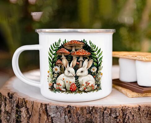 Woodland Bunnies Cottagecore Cozy Campfire Coffee Tea Hot Chocolate Mug, Spring Forest Mushroom Nature Camping Cup, Easter Gift (12oz) in Saudi Arabia