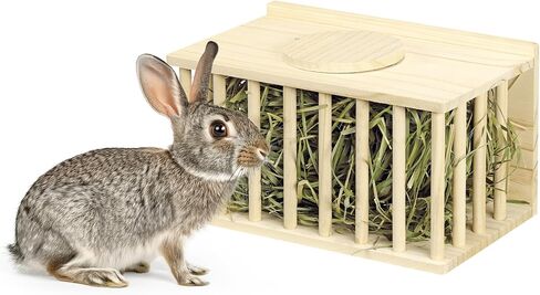 Navaris Wooden Hay Feeder for Small Pets - Rabbit and Guinea Pig Hay Rack - Natural Pine Wood Pet Hay Holder with Sliding Lid - Keeps Hay Tidy and Organised in Saudi Arabia
