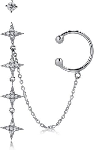 Ear Cuff Chain Earrings Star Stud Dangle Sterling Silver Star Cartilage Climber Earrings Rose Gold Hugging Ear Cuff (Silver) in Saudi Arabia