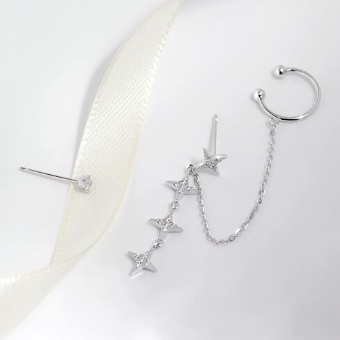 Ear Cuff Chain Earrings Star Stud Dangle Sterling Silver Star Cartilage Climber Earrings Rose Gold Hugging Ear Cuff (Silver) in Saudi Arabia