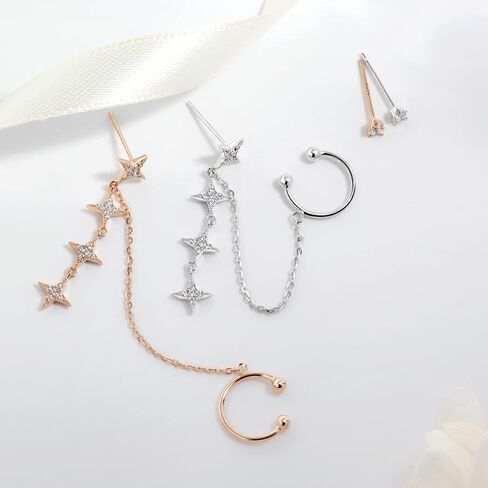 Ear Cuff Chain Earrings Star Stud Dangle Sterling Silver Star Cartilage Climber Earrings Rose Gold Hugging Ear Cuff (Silver) in Saudi Arabia