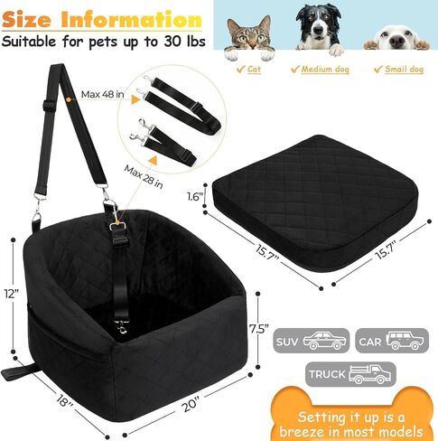 Dog Car Seat for Small Medium Dogs Under 30lbs Pet Booster Seat with Safety Leash and Storage Pockets Detachable Washable Puppy Car Seat Travel Bed to Front Backseat (Black) in Saudi Arabia