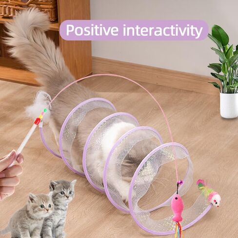 أنفاق القطط للقطط الداخلية، نفق أنبوبي مطوي للقطط مع ألعاب شريطية للقطط من الريش، ألعاب زنبركية تفاعلية قابلة للطي لتخفيف الضغط للقطط الداخلية والخارجية in Kuwait