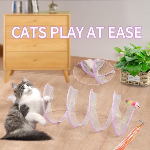 أنفاق القطط للقطط الداخلية، نفق أنبوبي مطوي للقطط مع ألعاب شريطية للقطط من الريش، ألعاب زنبركية تفاعلية قابلة للطي لتخفيف الضغط للقطط الداخلية والخارجية in Kuwait