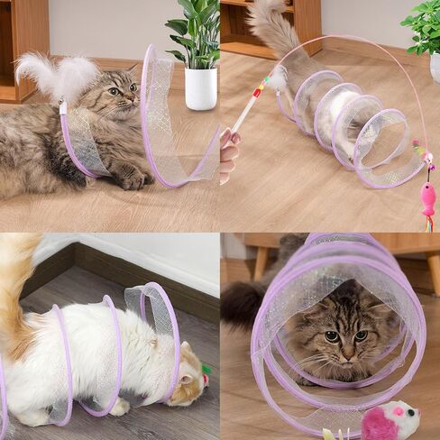 أنفاق القطط للقطط الداخلية، نفق أنبوبي مطوي للقطط مع ألعاب شريطية للقطط من الريش، ألعاب زنبركية تفاعلية قابلة للطي لتخفيف الضغط للقطط الداخلية والخارجية in Kuwait