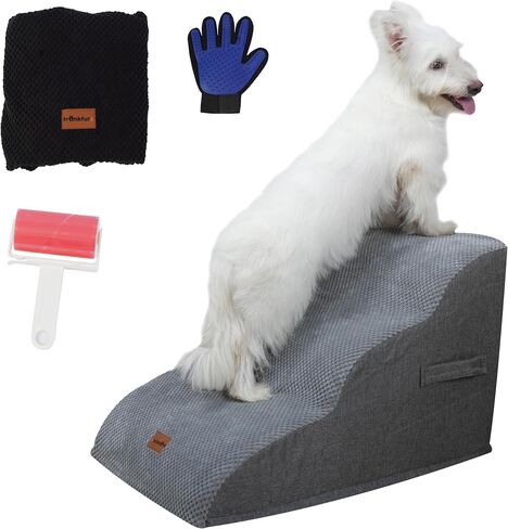 Dog Stairs for Small Dogs with Extra Non-Slip Cover, Lint Roller & Grooming Glove - Sturdy 3-Step Stairs for Dogs to Get on Bed, High Density Dog Ramp for Couch, Sofa and Chair, Indoor Puppy Stairs in Saudi Arabia
