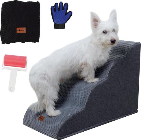 Dog Stairs for Small Dogs with Extra Non-Slip Cover, Lint Roller & Grooming Glove - Sturdy 3-Step Stairs for Dogs to Get on Bed, High Density Dog Ramp for Couch, Sofa and Chair, Indoor Puppy Stairs in Saudi Arabia