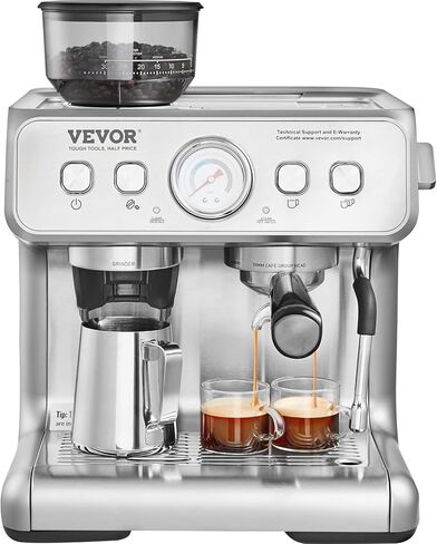 VEVOR Espresso Machine with Grinder, 15 Bar Semi-Automatic Espresso Coffee Maker with Milk Frother Steam Wand, Removable Water Tank & Pressure Gauge for Cappuccino, Latte, Machiato, PID Control System in Saudi Arabia