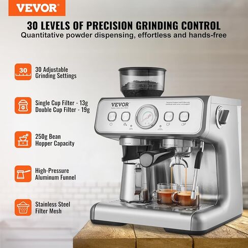VEVOR Espresso Machine with Grinder, 15 Bar Semi-Automatic Espresso Coffee Maker with Milk Frother Steam Wand, Removable Water Tank & Pressure Gauge for Cappuccino, Latte, Machiato, PID Control System in Saudi Arabia