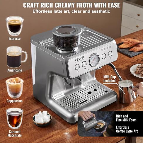 VEVOR Espresso Machine with Grinder, 15 Bar Semi-Automatic Espresso Coffee Maker with Milk Frother Steam Wand, Removable Water Tank & Pressure Gauge for Cappuccino, Latte, Machiato, PID Control System in Saudi Arabia