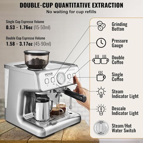 VEVOR Espresso Machine with Grinder, 15 Bar Semi-Automatic Espresso Coffee Maker with Milk Frother Steam Wand, Removable Water Tank & Pressure Gauge for Cappuccino, Latte, Machiato, PID Control System in Saudi Arabia