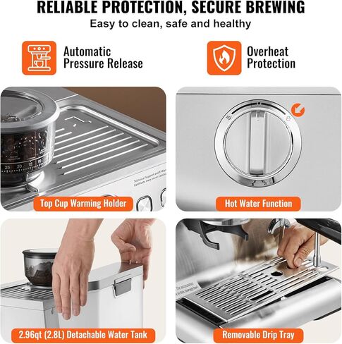 VEVOR Espresso Machine with Grinder, 15 Bar Semi-Automatic Espresso Coffee Maker with Milk Frother Steam Wand, Removable Water Tank & Pressure Gauge for Cappuccino, Latte, Machiato, PID Control System in Saudi Arabia
