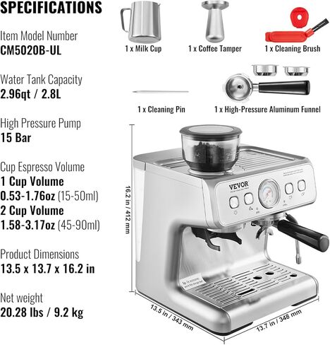 VEVOR Espresso Machine with Grinder, 15 Bar Semi-Automatic Espresso Coffee Maker with Milk Frother Steam Wand, Removable Water Tank & Pressure Gauge for Cappuccino, Latte, Machiato, PID Control System in Saudi Arabia