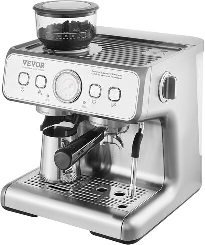 VEVOR Espresso Machine with Grinder, 15 Bar Semi-Automatic Espresso Coffee Maker with Milk Frother Steam Wand, Removable Water Tank & Pressure Gauge for Cappuccino, Latte, Machiato, PID Control System in Saudi Arabia