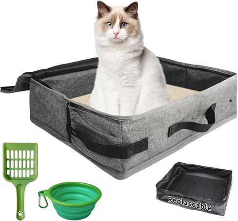 Portable Cat Travel Litter Box with Lid, Collapsible Travel Carrier Small Litter Box Set for Cat, No Smell Leak-Proof, Easy to Carry, Easy to Use in Hotels and Car (M,Plus Dual-Layer) in Saudi Arabia