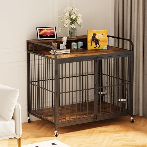 أثاث قفص الكلاب للكلاب الكبيرة، طاولة نهاية جانبية لصناديق الكلاب في الداخل، بيت خشبي للكلاب مع ارتفاع قابل للتعديل ومغذي دوار 360 درجة، أثاث قفص الكلاب المزخرف (48 بوصة طول × 29.92 بوصة عرض × 44.29 بوصة ارتفاع) in Kuwait