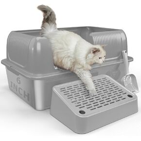 Stainless Steel Litter Box,Extra Large Litter Box with Lid for Big Cats, Metal Litter Box High Sided, Kitty Litter Box with Scoop, No Odor, Non-Sticky, Anti-Leakage, Easy Cleaning Gray
