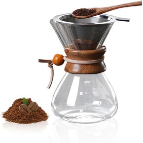 Tissting Wood Neck Pour Over Coffee Maker,400ml Sleeve Coffee Brewer with Permanent Stainless Steel Filter,Glass Coffee Pot for Home Cafe Party