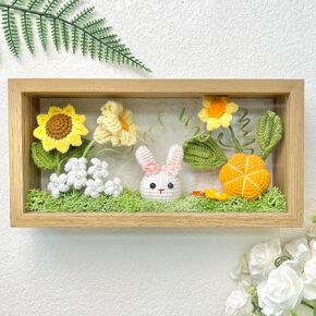 Handmade Crochet Sunflower Rabbit Pumpkin Garden Photo Frame, Knitted Artificial Forever Flowers Moss Table Decor, Gift to Kids Girlfriend Women Mother's Day, for Home & Office Desktop