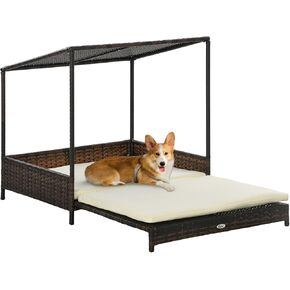 PawHut Wicker Dog House Raised Rattan Extendable Puppy Bed Cat Shelter for Indoor Outdoor Garden Patio Pet Sofa with Removable Cushion for Medium Sized Pet Mixed-Brown