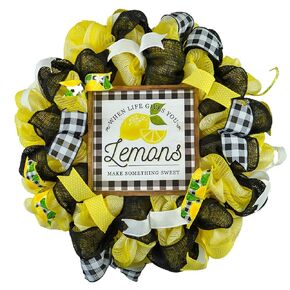 Lemon Wreath - Spring Summer Welcome Deco Mesh Decor - Yellow Black Green White