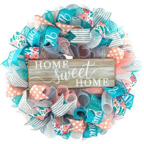 Home Sweet Home Wreath | Coral Grey Turquoise Spring Everyday Door Wreath | White Rustic Everyday