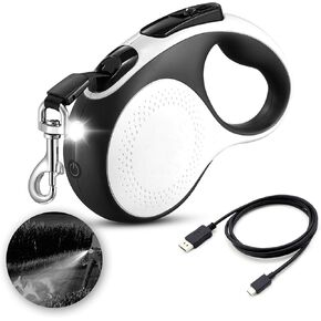 Retractable Dog Leash Heavy Duty with Rechargeable Led Flashlight - 16Ft Reflective Leash for Small Medium Dogs up to 66lbs | Anti-Chew 360° Tangle-Free Design with Non-Slip Handle | One Handed Brake