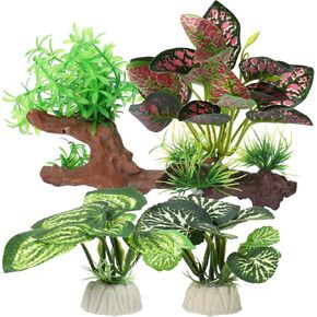 Aquarium Plastic Plants, Driftwood Betta Silk Plants, Silk Plants Aquarium Set Decor, Silk Aquarium Plants for Betta Fish (Green Red, 4pcs)
