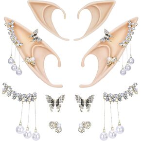 FRESHME Elf Ears with Piercings - Handmade Fairy Ears with Gold Butterfly Earrings Cuffs