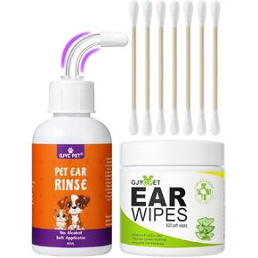 Dog Ear Cleaner Kit - 1 Dog Ear Wipes & 1 Dog Ear Rinse + Cotton Swabs, Ear Wipes For Dogs And Cats, Cat Ear Wipes, Dog Ear Infection Treatment, Remove Earwax Debris Dirt Odor in Dog & Cat Ears