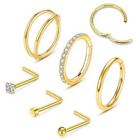 6PCS 20G Nose Rings Nose Studs Set - 316L Surgical Steel Double Hoop Nose Rings Hoop L Shape Nose Studs with CZ 2mm Studs Screw Hinged Septum Piercing Jewelry for Women Men (Gold, 8mm)