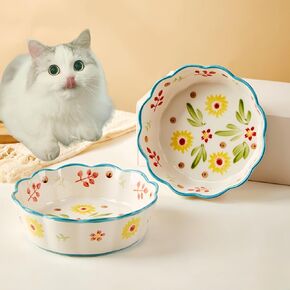 Premium Cat Food Bowl Set of 2, 6" Ceramic Cat Water Bowl, Cute Cat Bowls for Indoor Cats, Shallow Weighted Cat Dishes for Wet Food, Whisker Fatigue Kitten Bowls Large Capacity
