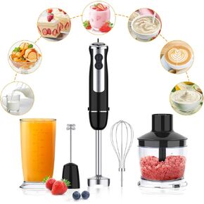 Immersion Blender 5 in 1 Hand Blender, 800W Hand Mixer Stick 12 Speed & Turbo Mode Hand Mixer with 600ml Mixing Beaker, 500ml Chopper, Milk Frother Attachments for Soup, Smoothies, Sauce, BPA Free