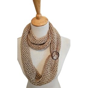 Womens Khaki Brown Handmade Infinity Scarf with Unique Coconut Button
