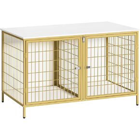 Dog Crate Furniture for 2 Dogs, 43.3" Dog Kennel with Removable Divider, Heavy Duty Wooden Dog Kennel for Small Medium Dog, Indoor Dog Cage End Table with Double Doors, White DCJW1201