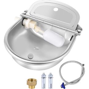 MYFAMIREA Automatic Animal Drinking Water Bowl Stainless Steel Waterer Feeder Farm Dog Dispenser Kit Self Filling for Livestock Horse Goat Water Trough with Float Valve Drain Hole Hose Adapter Bolts