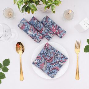 ANURAM 100% Pure Cotton Cloth Napkins for Wedding Christmas Party, Hand Block Printed Napkins for Dinner Table, Handmade Hand Craft Reusable Eco Friendly set of 4 20X20 Inch Cloth Napkins
