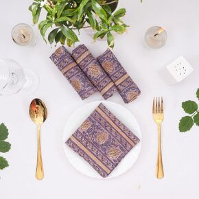 Dusty Yellow and Gray Hand Block Printed Set of 4 Cloth Border Napkins, Wedding 20x20 Inch Washable Dinner Napkins, 100% Pure Cotton Handmade Home Decor Christmas Napkins Gift for Her