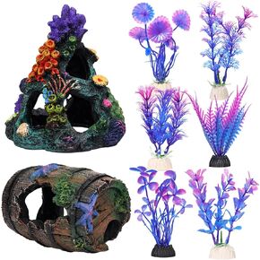 Fish Tank Decoration Betta Fish Tank Decorations Accessories,Aquarium Colorful Coral Reef Set,Coral Mountain x1,Starfish Barrel x1,6Pcs Aquarium Decor Plants x4