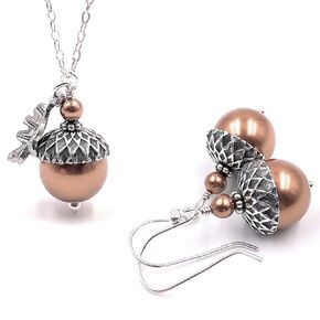 Dashe Designs Handmade Acorn Necklace and Earrings Jewelry Set, Sterling Silver Chain, Copper Colored Simulated Pearls with Oak Leaf (20 inches)