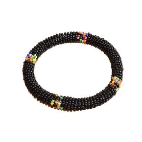 Tembo Crafts Africa - Maasai Beaded Bangle - Handmade - Beaded Bracelets - Small/Medium - Black, KB53