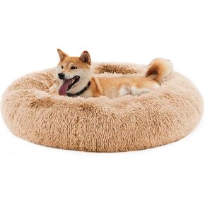 Sweetcrispy Calming Donut Dog & Cat Bed, Machine Washable Cuddle Warming Cozy Fluffy Faux Fur Plush Round Dog Bed, Anti-Anxiety Waterproof Anti-Slip Pet Bed for Small Medium Dogs and Cats,20 inches