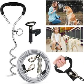 Dog Tie Out Cable and Stake with No-Tangle Handle 10FT Steel Wire with Strong Carabiner Fix Buckle for Large Medium Small Dogs, Dog Tie-Out Cable for Outside Walking Playing, Camping, or Kyard(Blue)