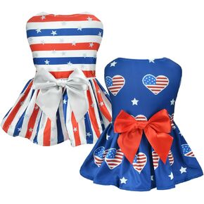 Vehomy 2-Pack 4th of July Dog Dresse American Flag Pattern Puppy Dress with Bow Independence Day Dog Skirt Stars & Stripes Dog Pet Holiday Outfit Apparel Clothes for Small Medium Dogs Cats M