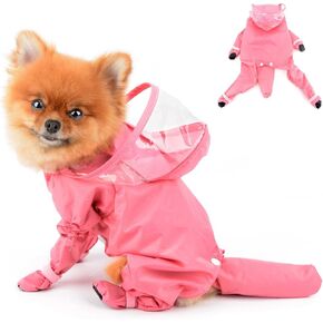 Small Dog Full Body Coverage Raincoat Solid Four-Leg Onesie Rain Jacket Waterproof Hoodie Puppy Clothes Button Lightweight Cats Costume, Pink, XL