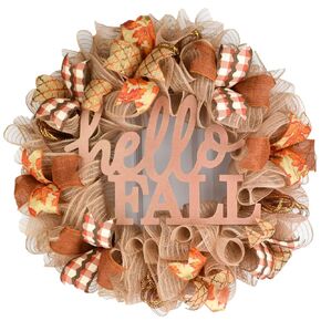 Hello Fall Welcome Autumn Thanksgiving Front Door Outdoor Mesh Wreath; Orange Green Jute Burlap