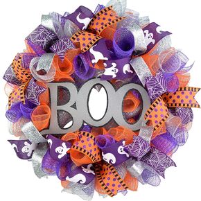 Mesh Halloween Wreath | Purple Boo Mesh Outdoor Front Door Wreath; Silver Orange Black