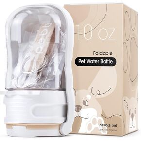 Foldable Pet Water Bottle, 10oz Lightweight Travel Water Dispenser with Filter, Portable Drinking Bowl, for Dog, Cat, Leak-proof, BPA Free, on-The-go for Outdoor Walking and Hiking (Beige)